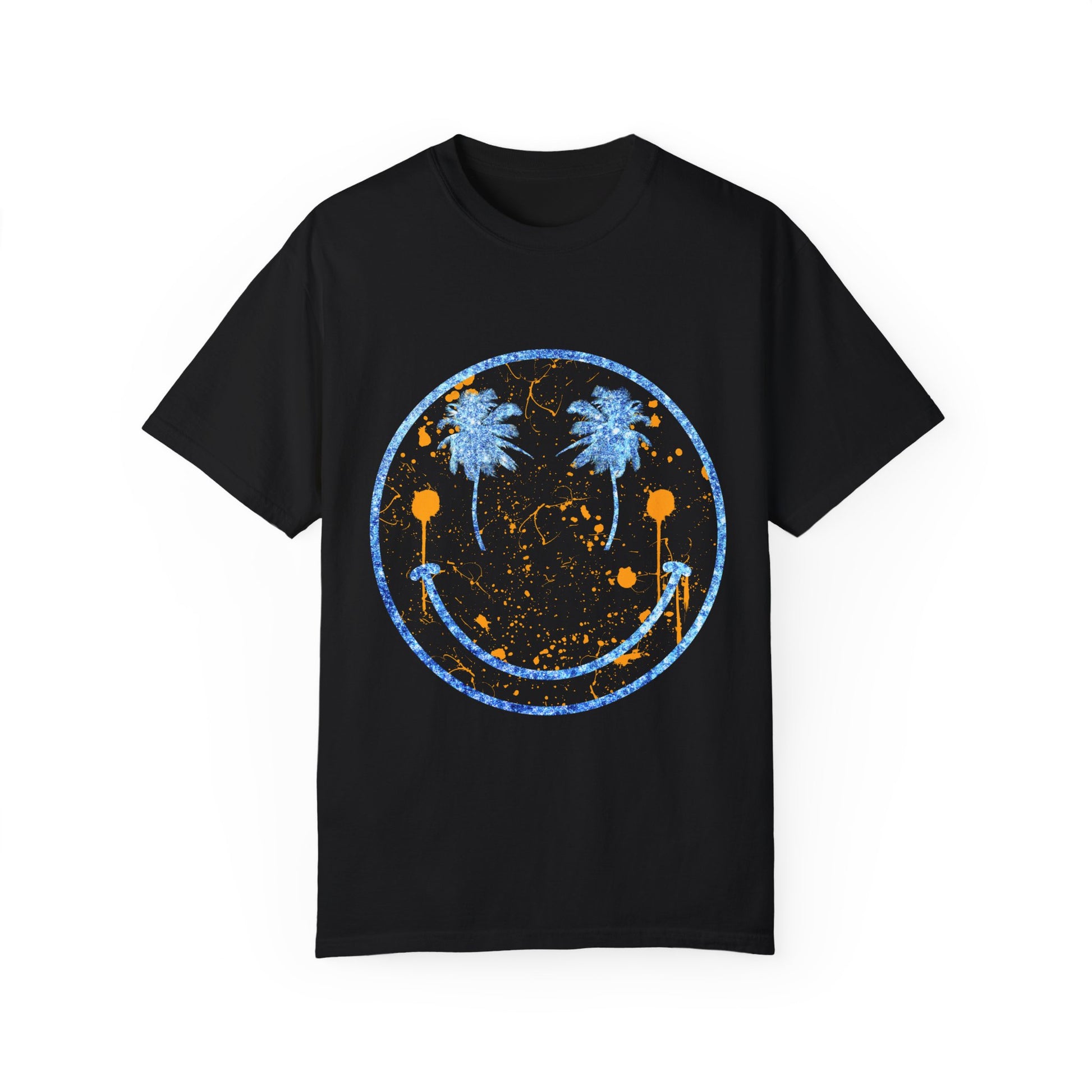 "Embrace summer vibes with our 90s Aesthetic Happy Face Paint Splatter Shirt, featuring a nostalgic design with palm tree eyes. This trendy unisex cotton tee is perfect for beach days, music festivals, and pool parties. Made from soft-washed ring-spun cotton, it offers a comfortable and relaxed fit, ideal for all-day wear. Get ready to shine in this retro-inspired shirt, designed for men, women, and teens!