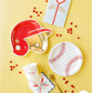Set of 8 Baseball Helmet Paper Plates, 10" x 8.5", perfect for game day parties. Helmet-shaped design with gold foil accents adds a fun and playful touch for serving snacks, burgers, and more. Ideal for sports-themed events and baseball parties.