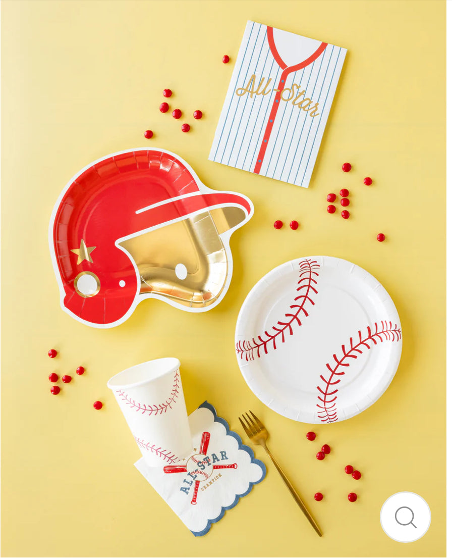 Set of 8 Baseball Helmet Paper Plates, 10" x 8.5", perfect for game day parties. Helmet-shaped design with gold foil accents adds a fun and playful touch for serving snacks, burgers, and more. Ideal for sports-themed events and baseball parties.