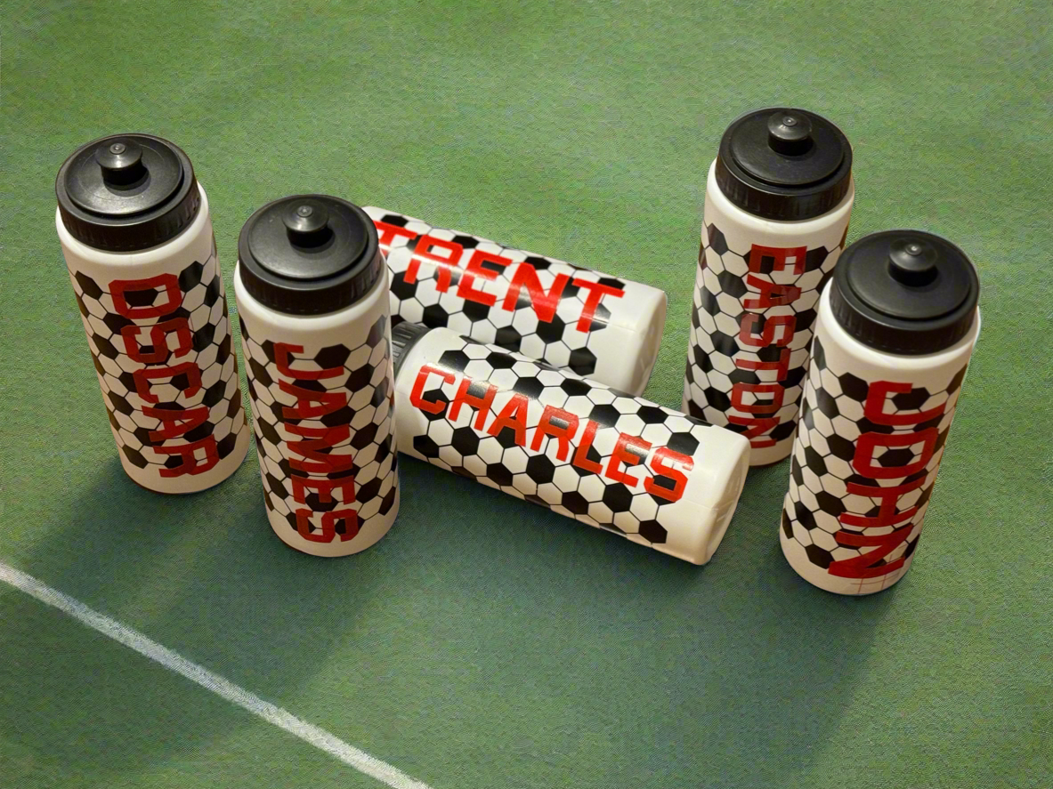 Custom sports water bottles designed for kids featuring a personalized soccer theme, available in various colors and fonts. Made from durable HDPE material, 20 oz capacity, pull-top cap for easy hydration, perfect for sports enthusiasts and active kids.
