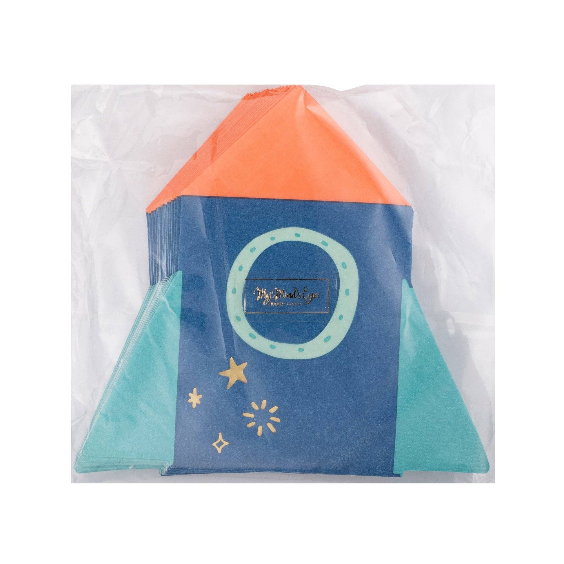 Space rocket napkins, 18 pack, 5” shaped with gold foil for space-themed parties and events
