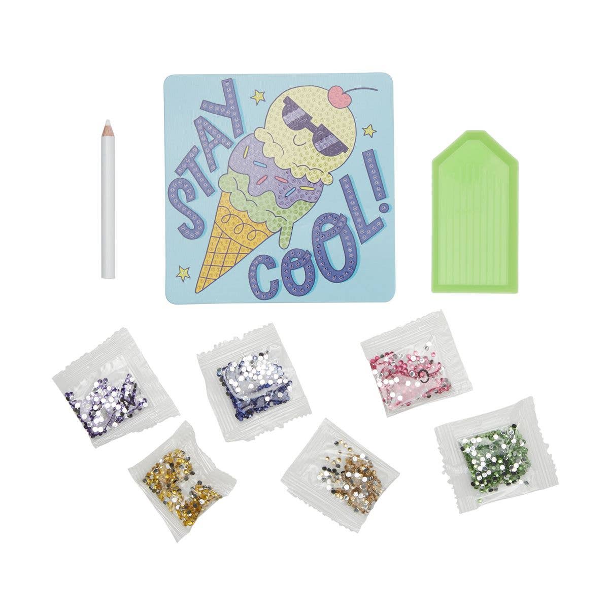OOLY Razzle Dazzle DIY Mini Gem Art Kit featuring a cool cream ice cream cone design, includes gems, tray, and wax pencil, suitable for ages 8 and up.