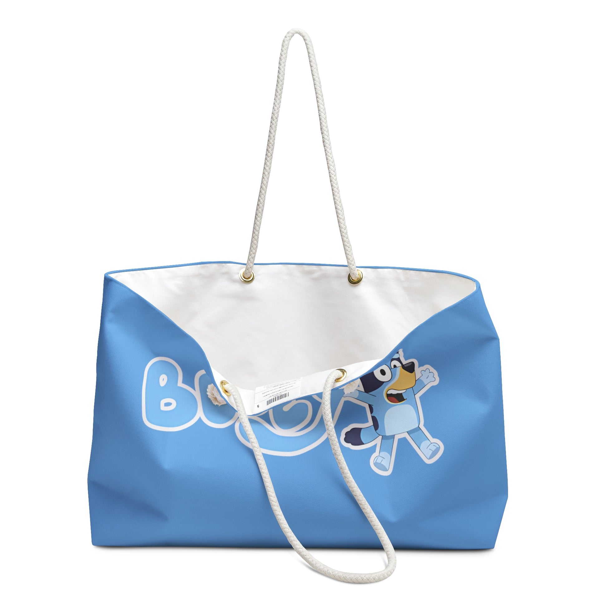 Oversized Bluey themed beach bag featuring a playful design inspired by the episode "The Pool," perfect for family adventures at the beach or pool. The durable tote measures 24" x 13" and includes thick rope handles for easy carrying.