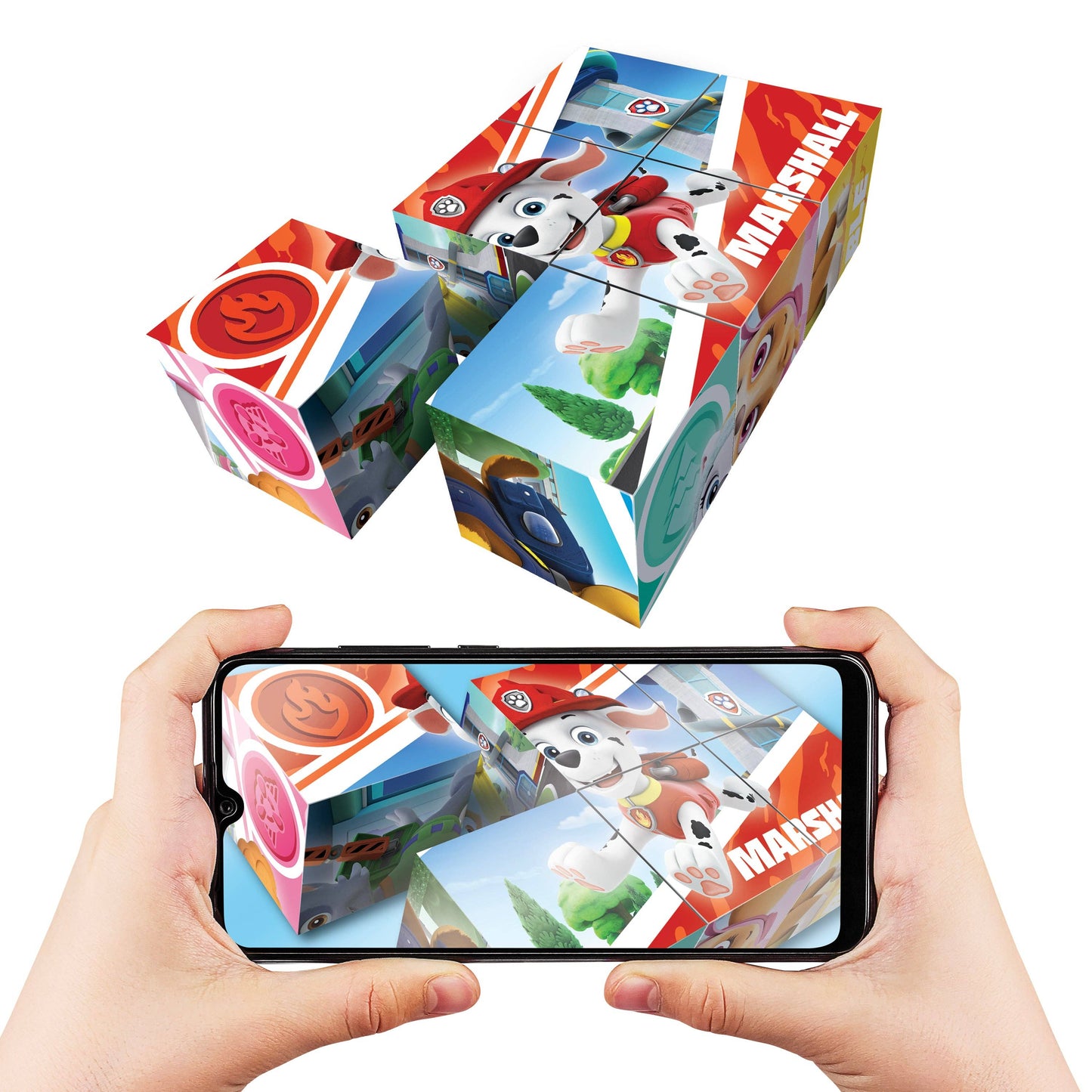 Child scanning puzzle cube with HoloToyz app