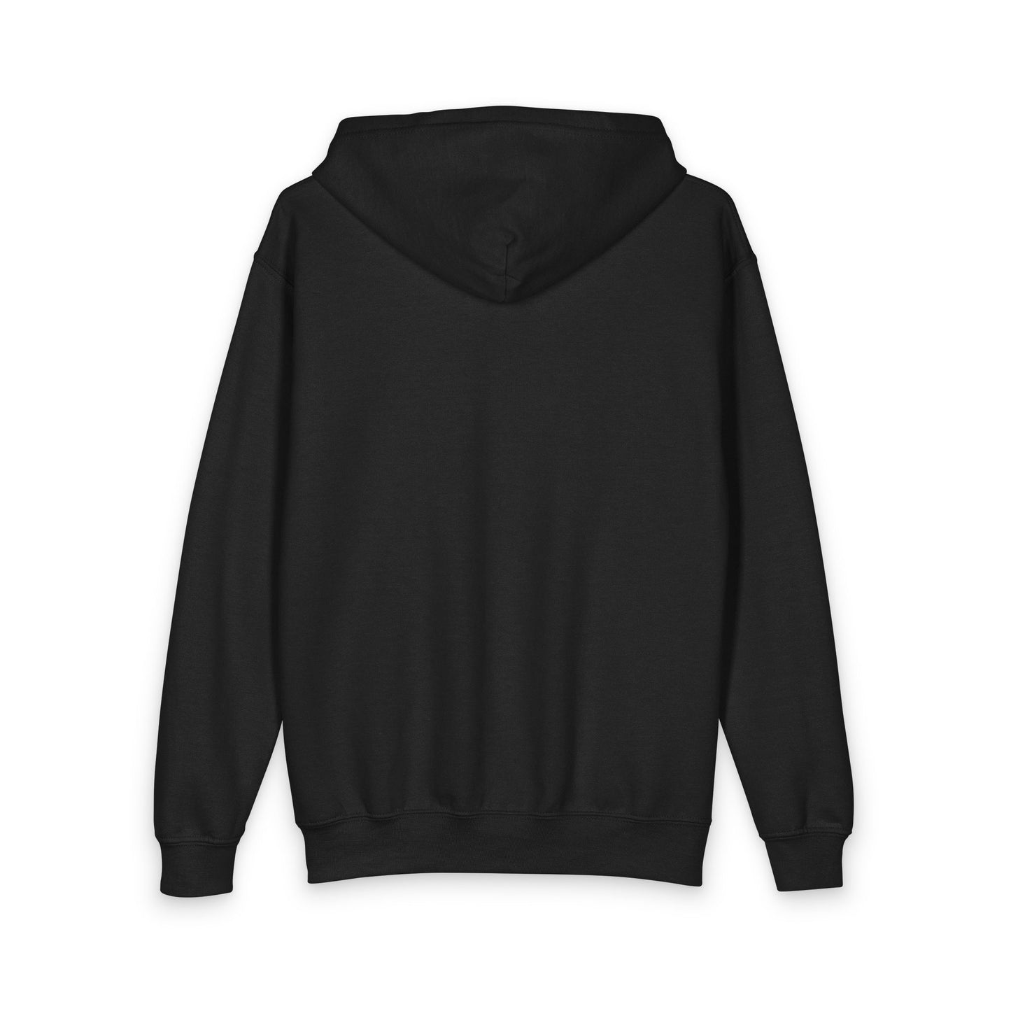 Youth Zip Hoodie with Blue Circular Logo — Kids Black Full‑Zip Hooded Sweatshirt