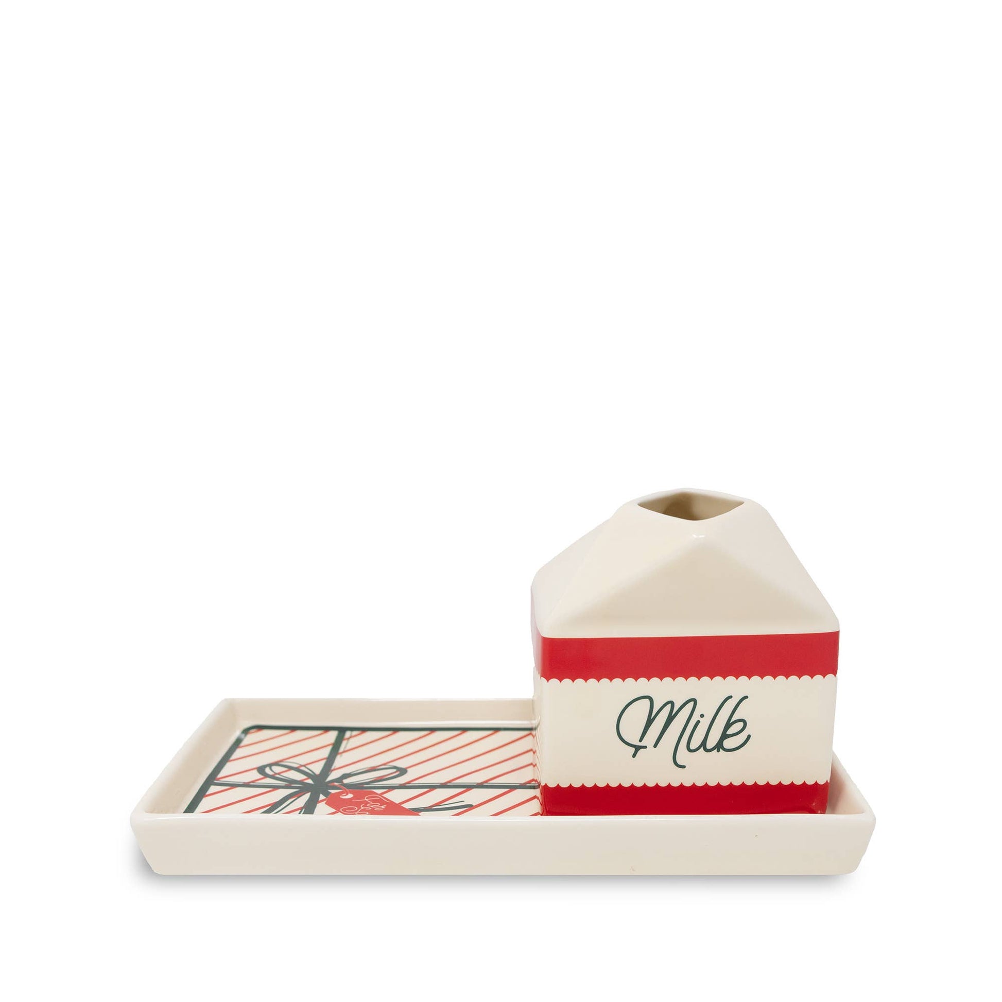 Rectangular tray with a small container labeled 'Milk' on a white background