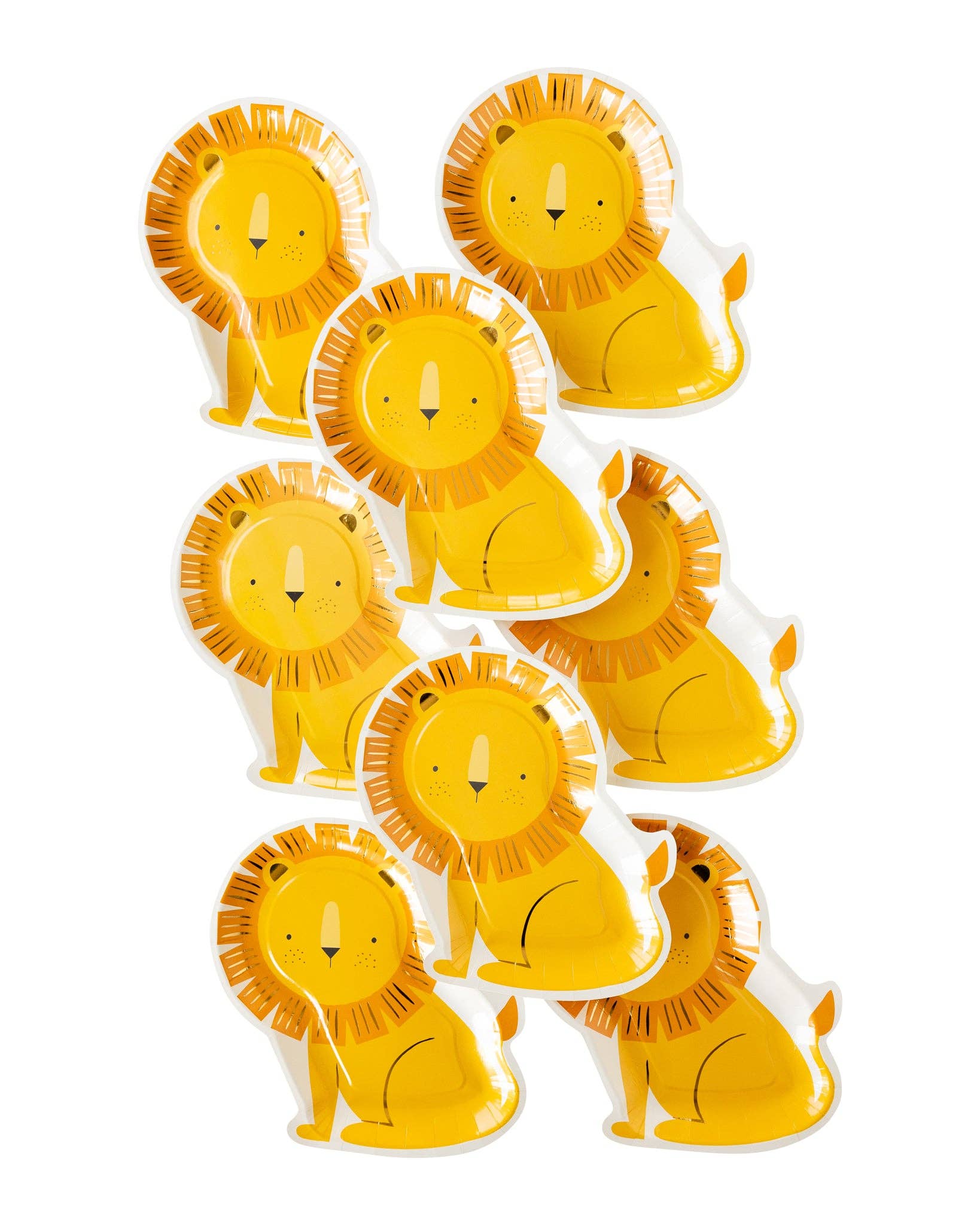 Lion-shaped paper party plates featuring a golden mane with shimmering gold foil accents, perfect for safari or jungle-themed birthday celebrations. Includes 8 plates, approximately 9" wide and 11" tall.