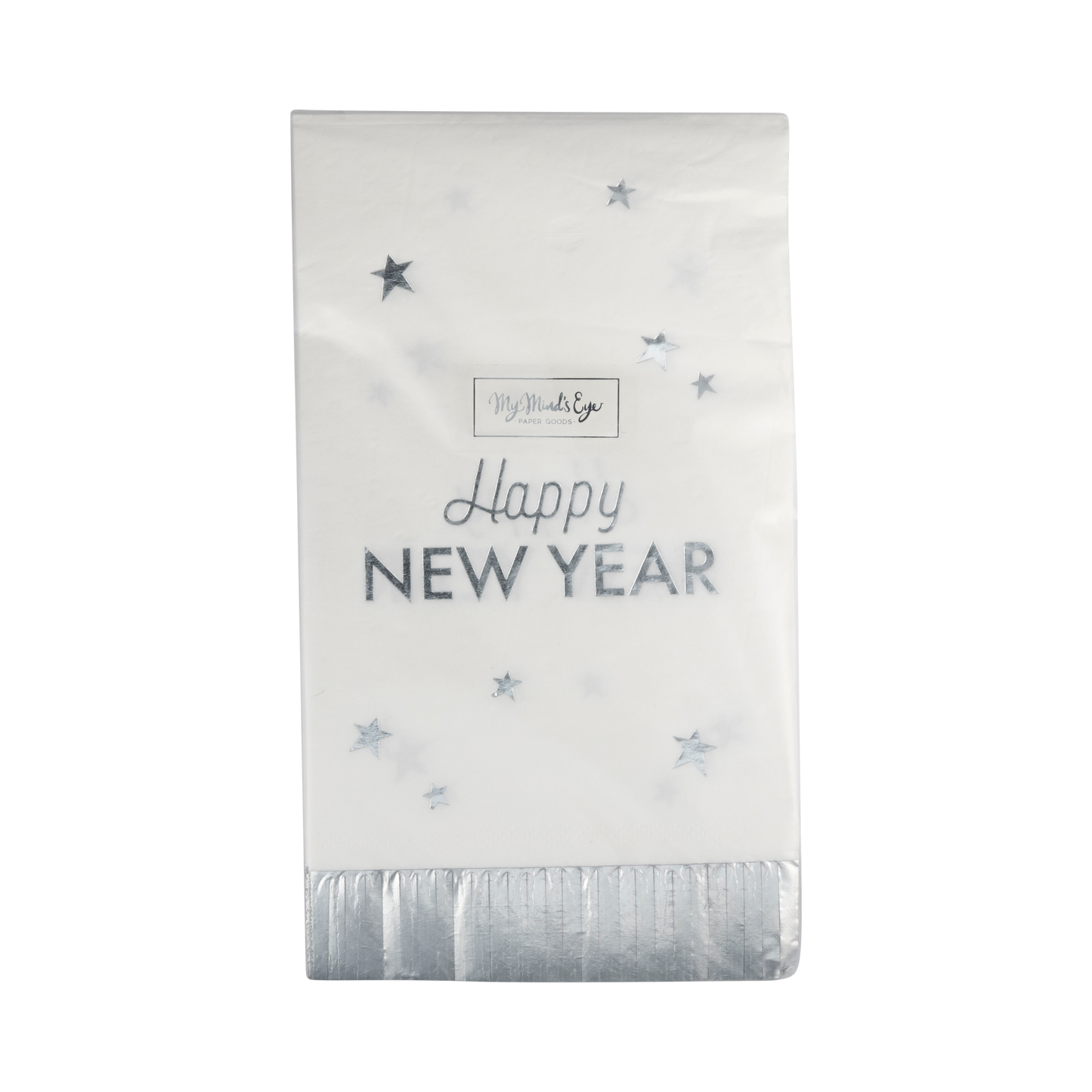 Happy New Year fringed dinner napkins featuring a playful design with silver foil accents, perfect for festive celebrations and easy cleanup. Each napkin measures 3.75" x 7.5" and comes in a pack of 24.