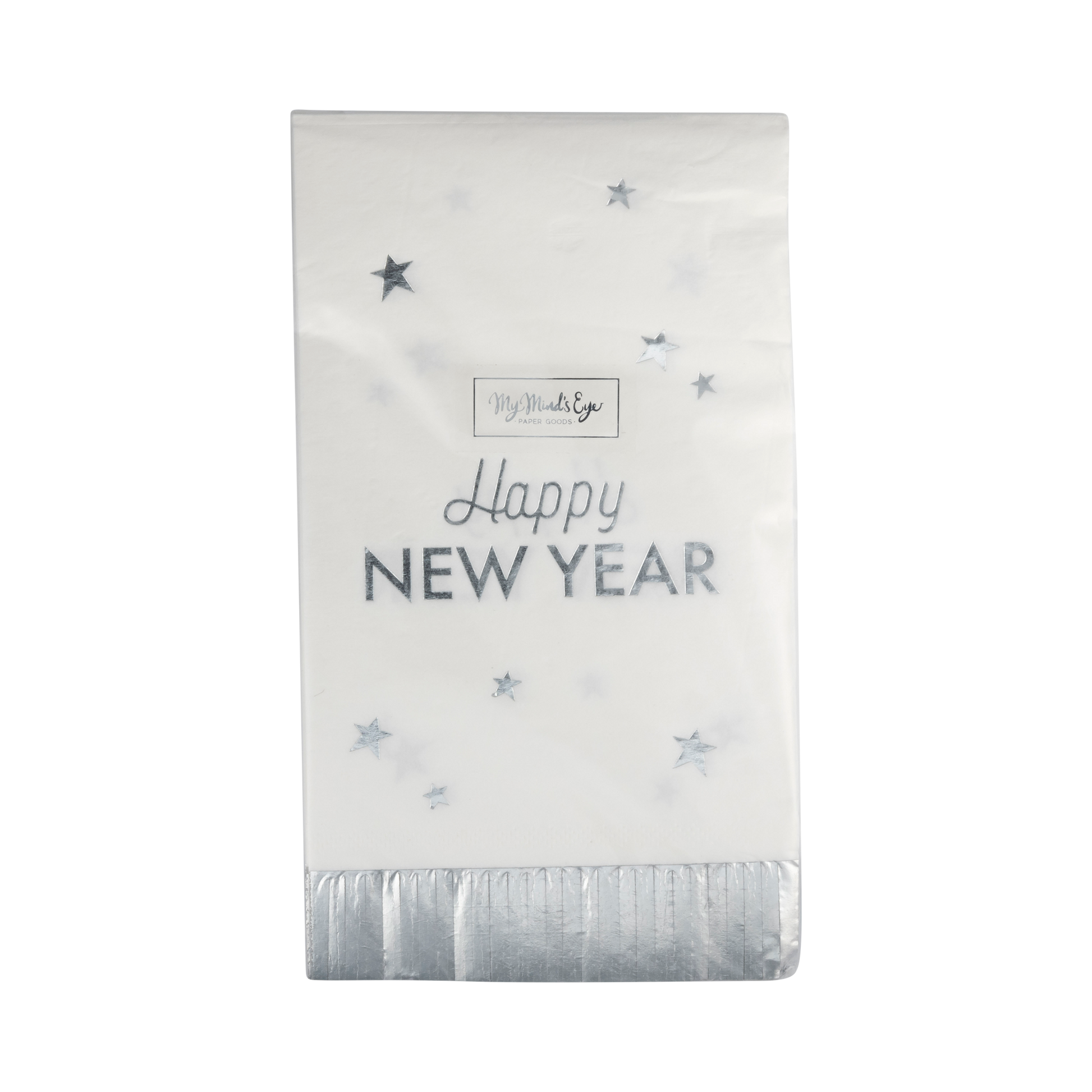 Happy New Year fringed dinner napkins featuring a playful design with silver foil accents, perfect for festive celebrations and easy cleanup. Each napkin measures 3.75" x 7.5" and comes in a pack of 24.