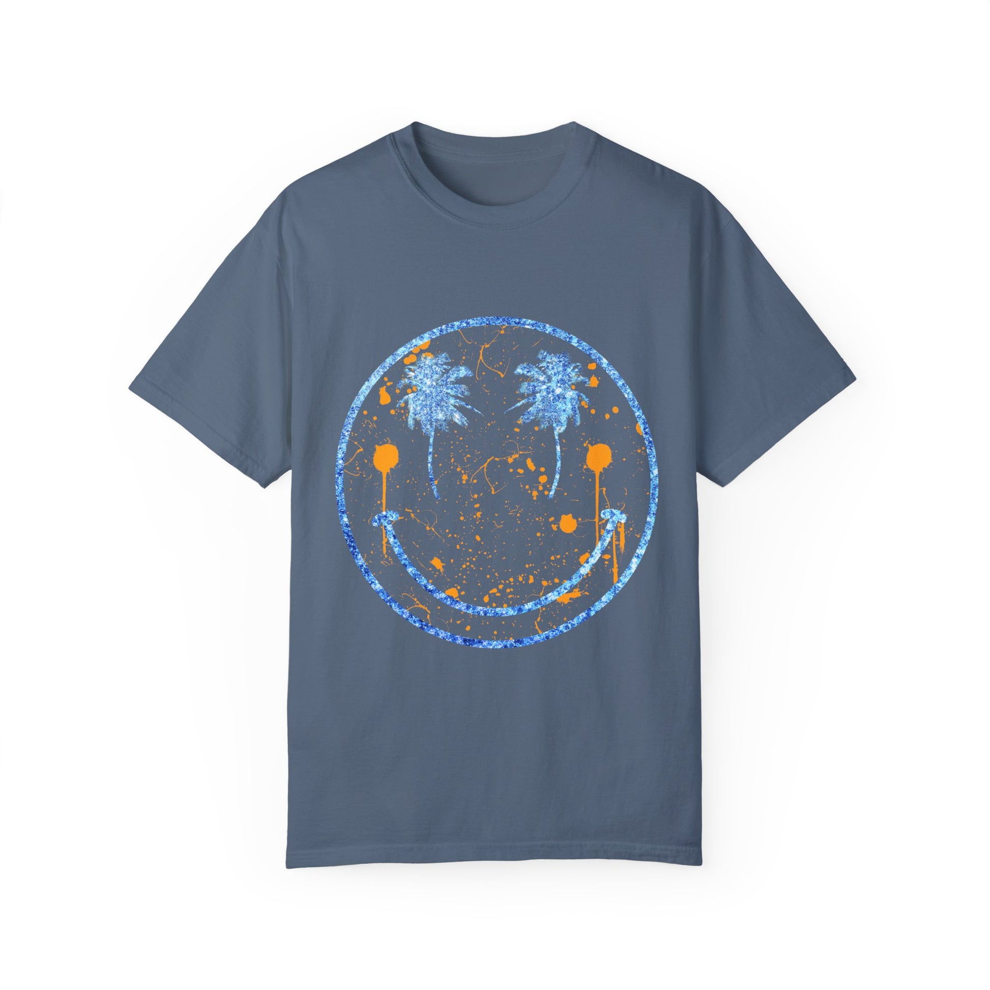 "Embrace summer vibes with our 90s Aesthetic Happy Face Paint Splatter Shirt, featuring a nostalgic design with palm tree eyes. This trendy unisex cotton tee is perfect for beach days, music festivals, and pool parties. Made from soft-washed ring-spun cotton, it offers a comfortable and relaxed fit, ideal for all-day wear. Get ready to shine in this retro-inspired shirt, designed for men, women, and teens!