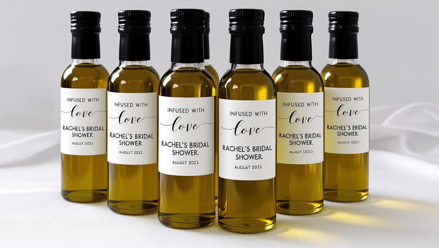 Cold-pressed olive oil wedding favors – premium, spill-proof gift for bridal showers and events.