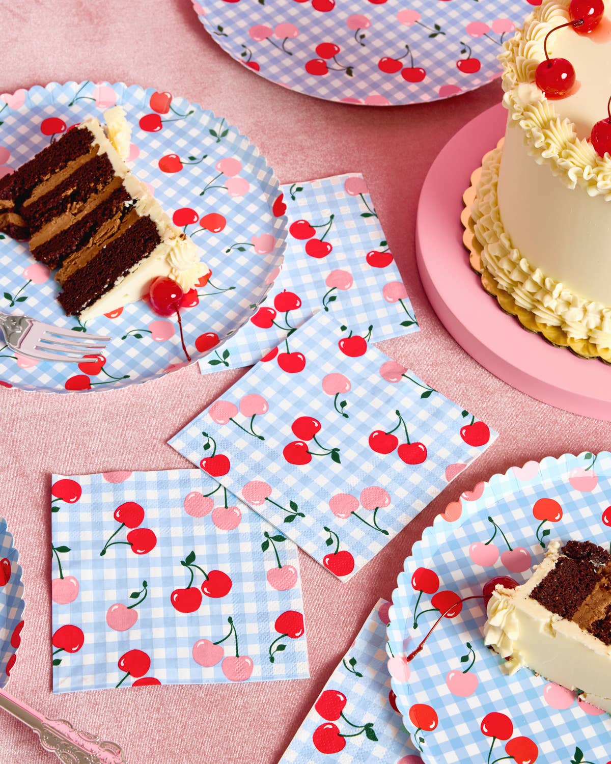 Cherry paper plates with matching napkins and cups