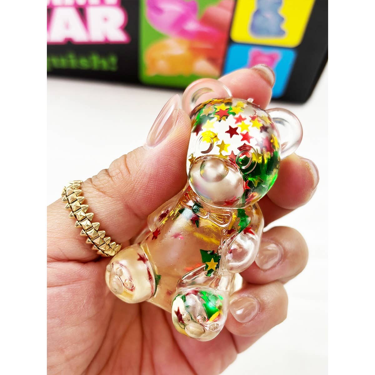 "Clear Conscience" 🐻 Clear Glitter Gummy Bear Squishy Toy with Star Confetti by Love and Repeat