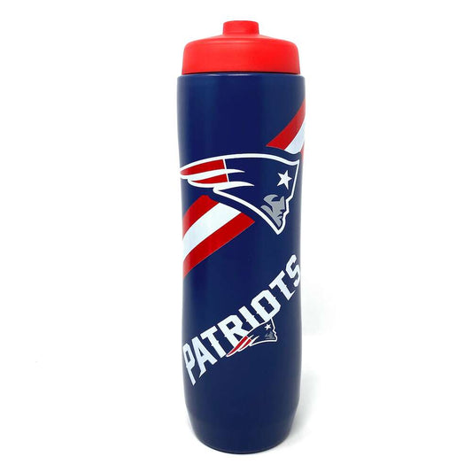 32oz squeezable water bottle with colorful team logos, fast cap, and leak-resistant spout, perfect for cold beverages.