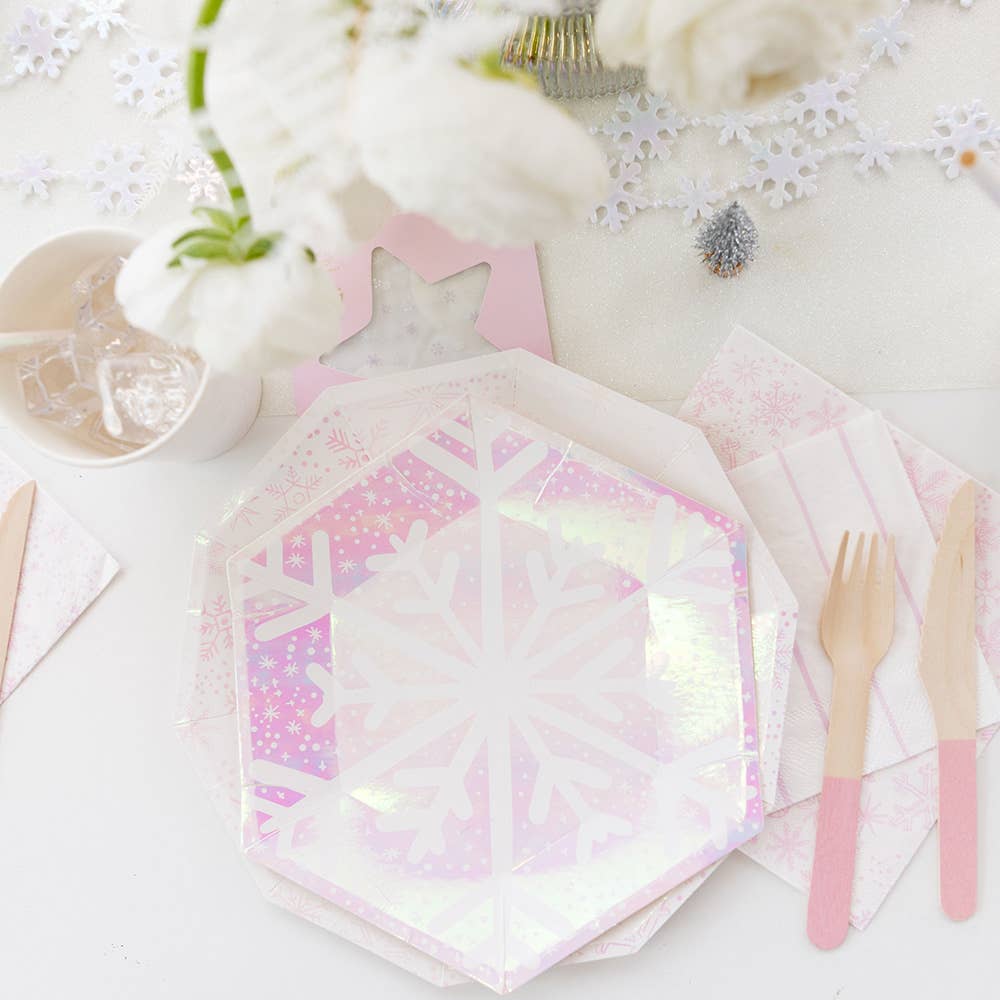 Iridescent foil snowflake plates, perfect for winter wonderland themes