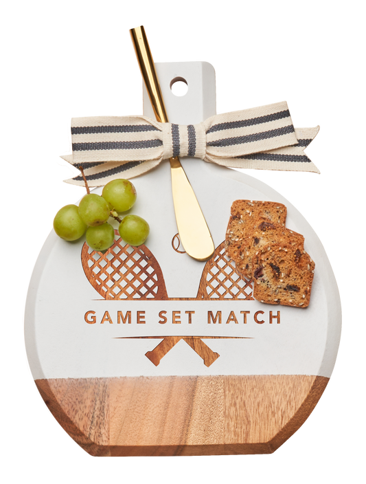 "Court Side Cheese" 🎾 Tennis Acacia Charcuterie Board with Gold Spreader by Sophistiplate