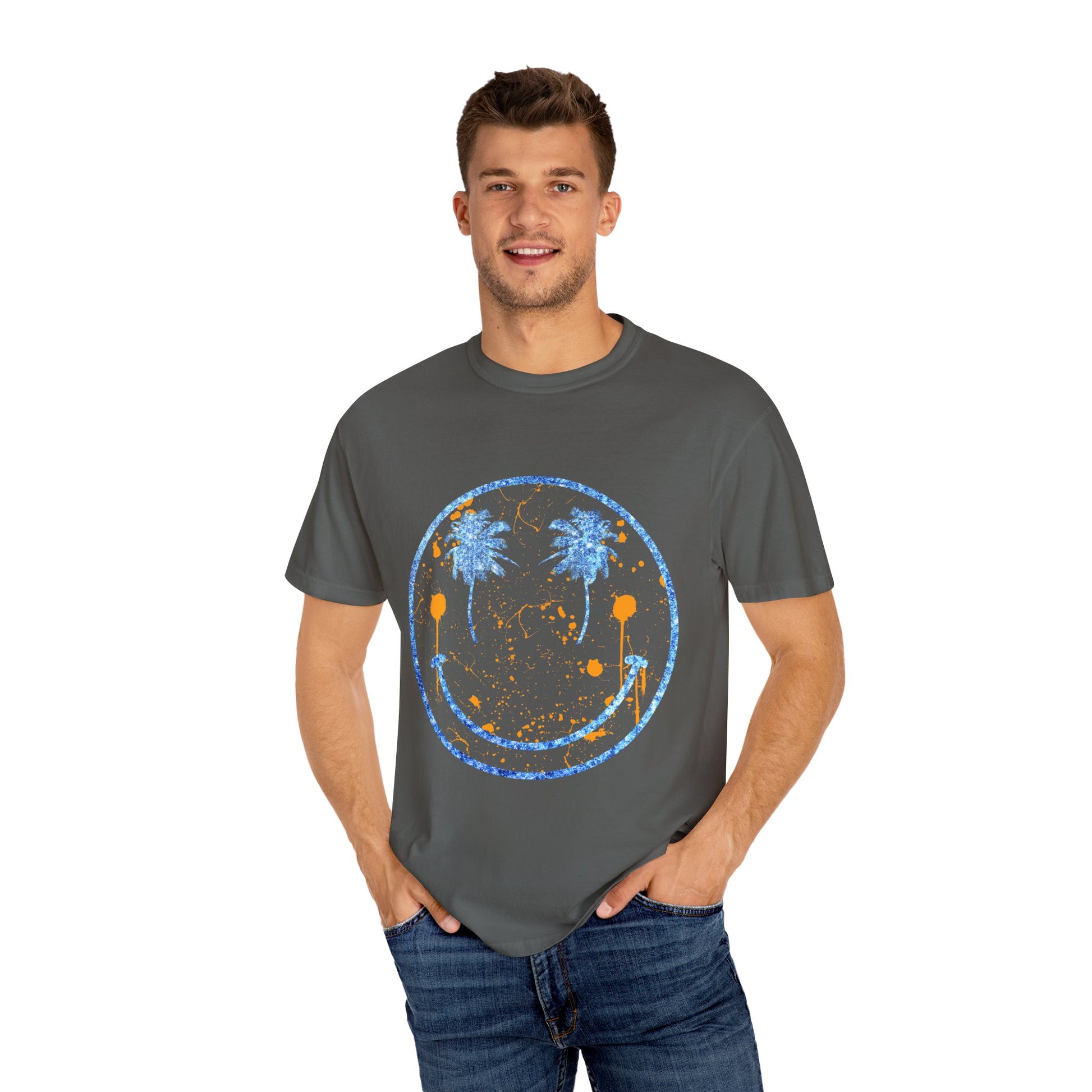 Embrace summer vibes with our 90s Aesthetic Happy Face Paint Splatter Shirt, featuring a nostalgic design with palm tree eyes. This trendy unisex cotton tee is perfect for beach days, music festivals, and pool parties. Made from soft-washed ring-spun cotton, it offers a comfortable and relaxed fit, ideal for all-day wear. Get ready to shine in this retro-inspired shirt, designed for men, women, and teens!