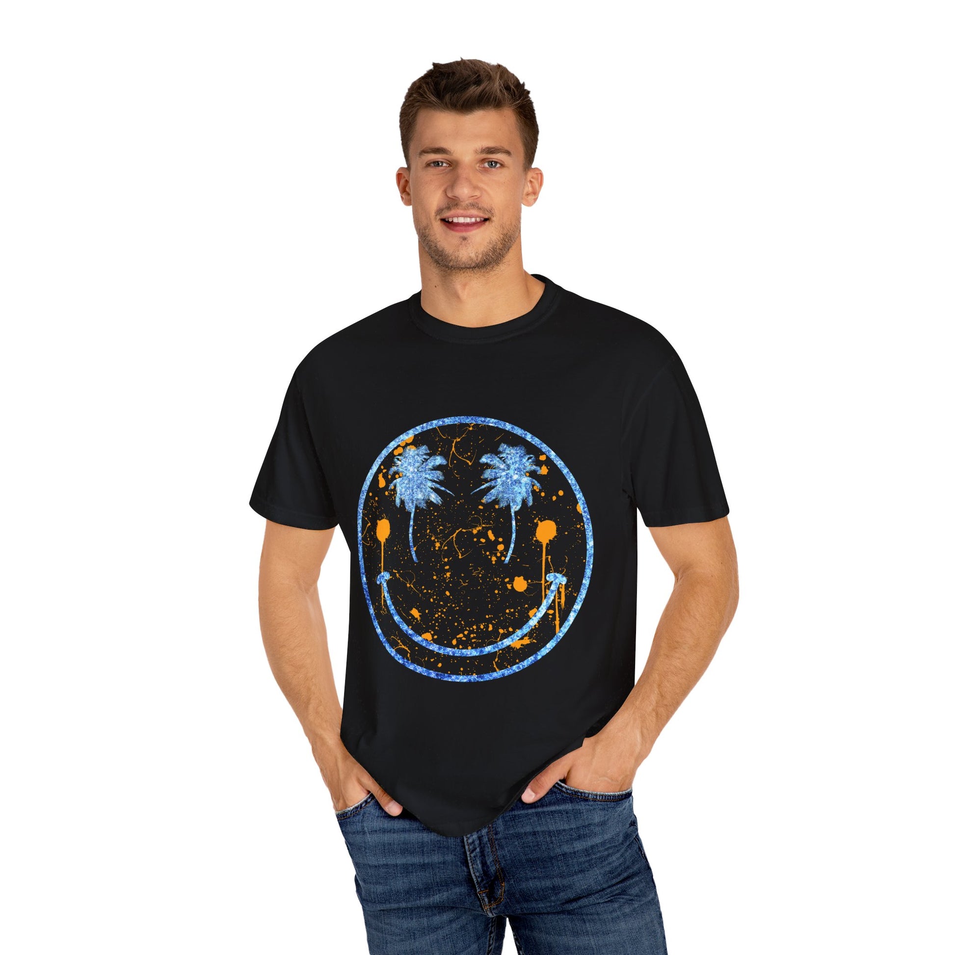 "Embrace summer vibes with our 90s Aesthetic Happy Face Paint Splatter Shirt, featuring a nostalgic design with palm tree eyes. This trendy unisex cotton tee is perfect for beach days, music festivals, and pool parties. Made from soft-washed ring-spun cotton, it offers a comfortable and relaxed fit, ideal for all-day wear. Get ready to shine in this retro-inspired shirt, designed for men, women, and teens!