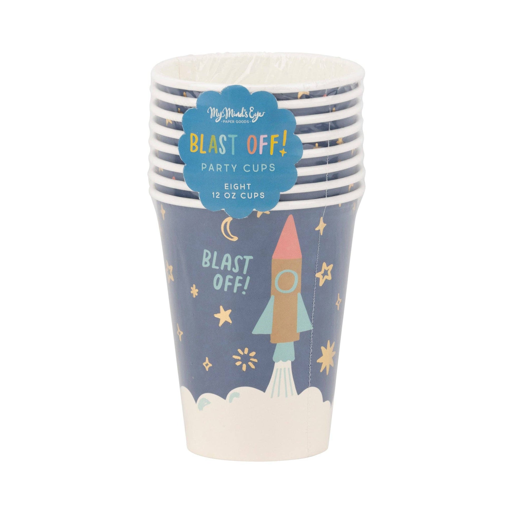 Space party cups, 12 oz with gold foil accents, 8-pack, great for space and galaxy parties.