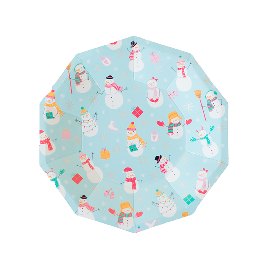 Blizzard Buddies snowman dessert plates with gold foil accents