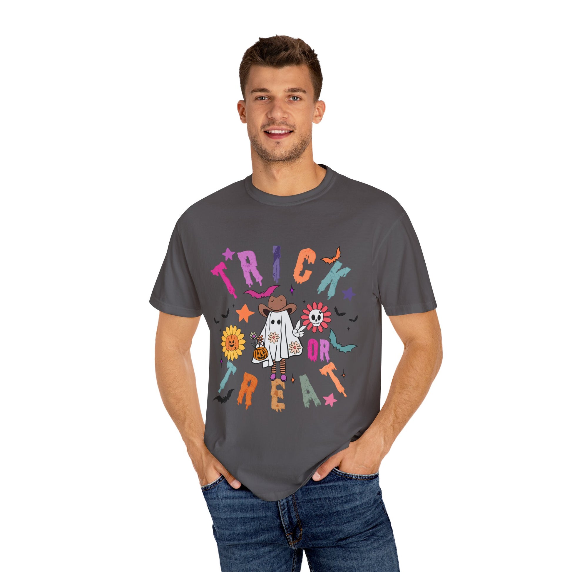 Trick or Treat Cowboy Ghost shirt featuring a playful cowboy ghost design and melty font. Available in unisex sizes S-3XL, this ultra-soft, garment-dyed 100% ring-spun cotton t-shirt is perfect for Halloween celebrations for adults and teens.