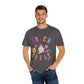 Trick or Treat Cowboy Ghost shirt featuring a playful cowboy ghost design and melty font. Available in unisex sizes S-3XL, this ultra-soft, garment-dyed 100% ring-spun cotton t-shirt is perfect for Halloween celebrations for adults and teens.