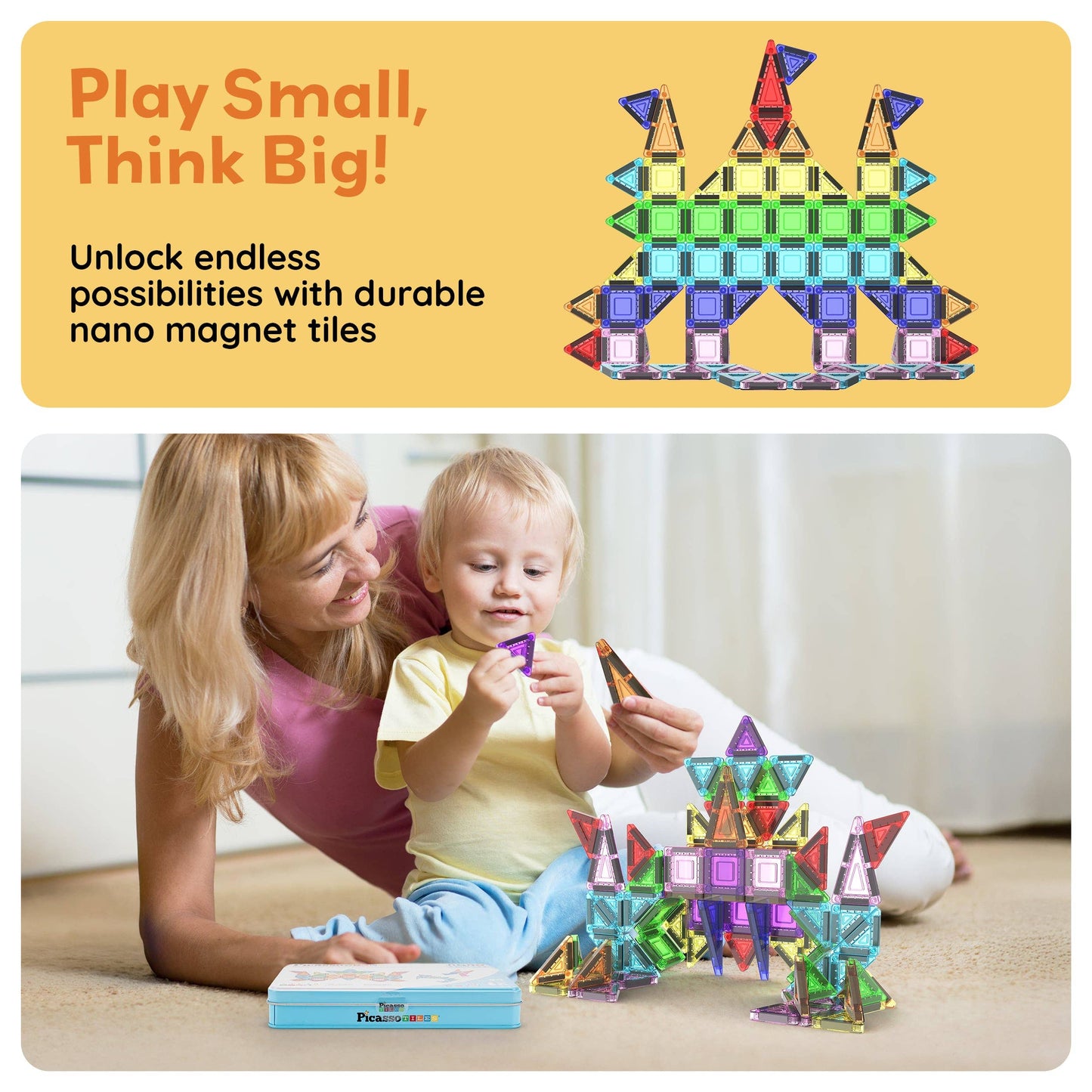 Toddler building tiles for quiet play on the go