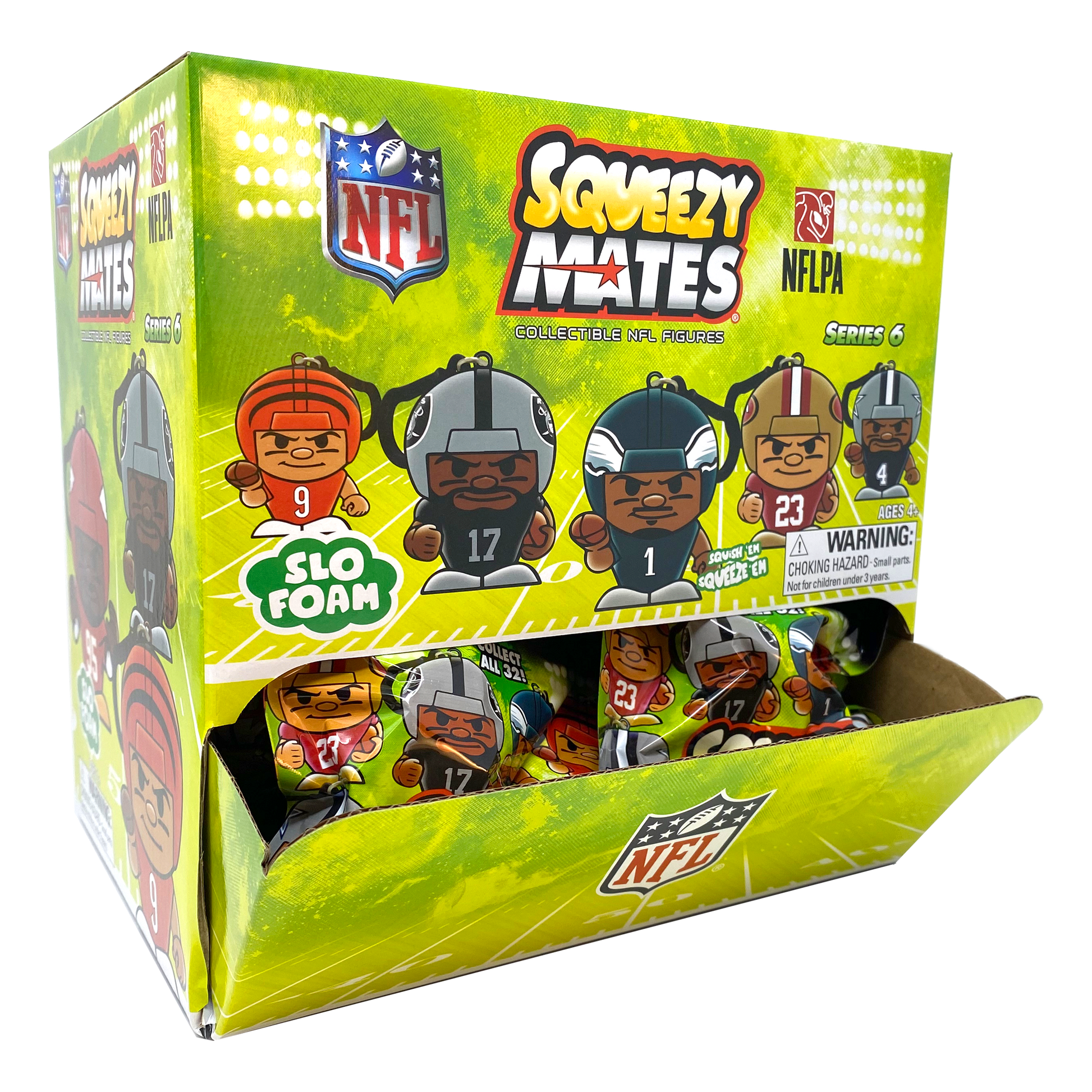 SqueezyMates NFL Series 7 with top star players in squishy Slo-Foam material, carabiner clip, and random collectible figures, including rare exclusives.
