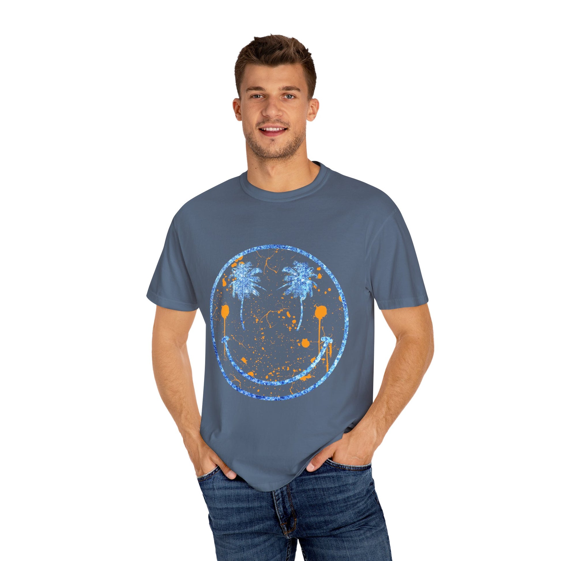"Embrace summer vibes with our 90s Aesthetic Happy Face Paint Splatter Shirt, featuring a nostalgic design with palm tree eyes. This trendy unisex cotton tee is perfect for beach days, music festivals, and pool parties. Made from soft-washed ring-spun cotton, it offers a comfortable and relaxed fit, ideal for all-day wear. Get ready to shine in this retro-inspired shirt, designed for men, women, and teens!