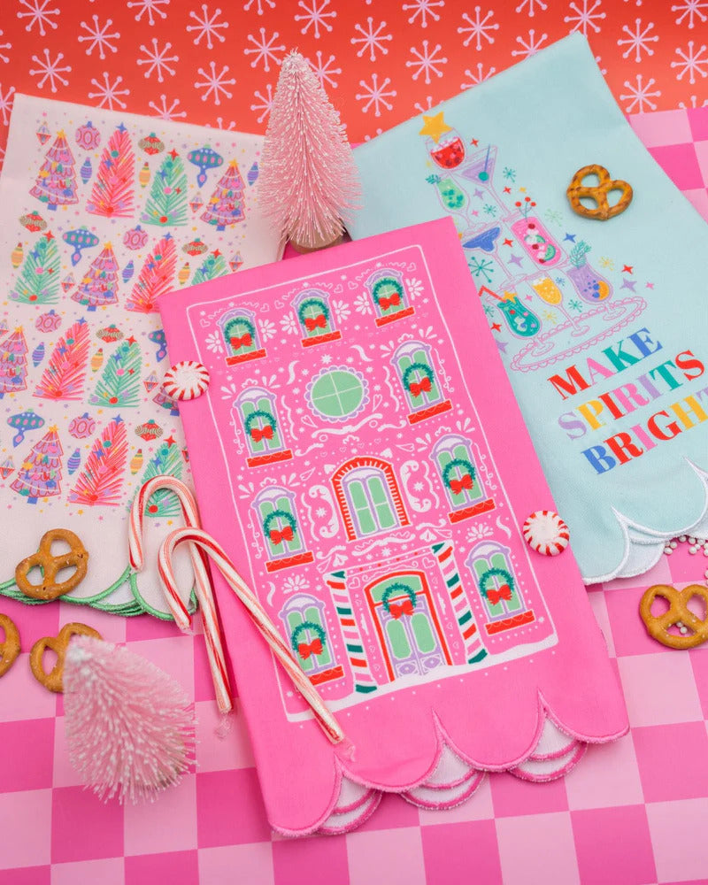 Holiday Tea Towels, Christmas Kitchen Decor, Festive Baking Gifts, Scalloped Edge Tea Towels, Gingerbread House & Christmas Tree Designs, Make Spirits Bright, Personalized Holiday Towels, Kitchen Holiday Accessories, Seasonal Christmas Gifts 