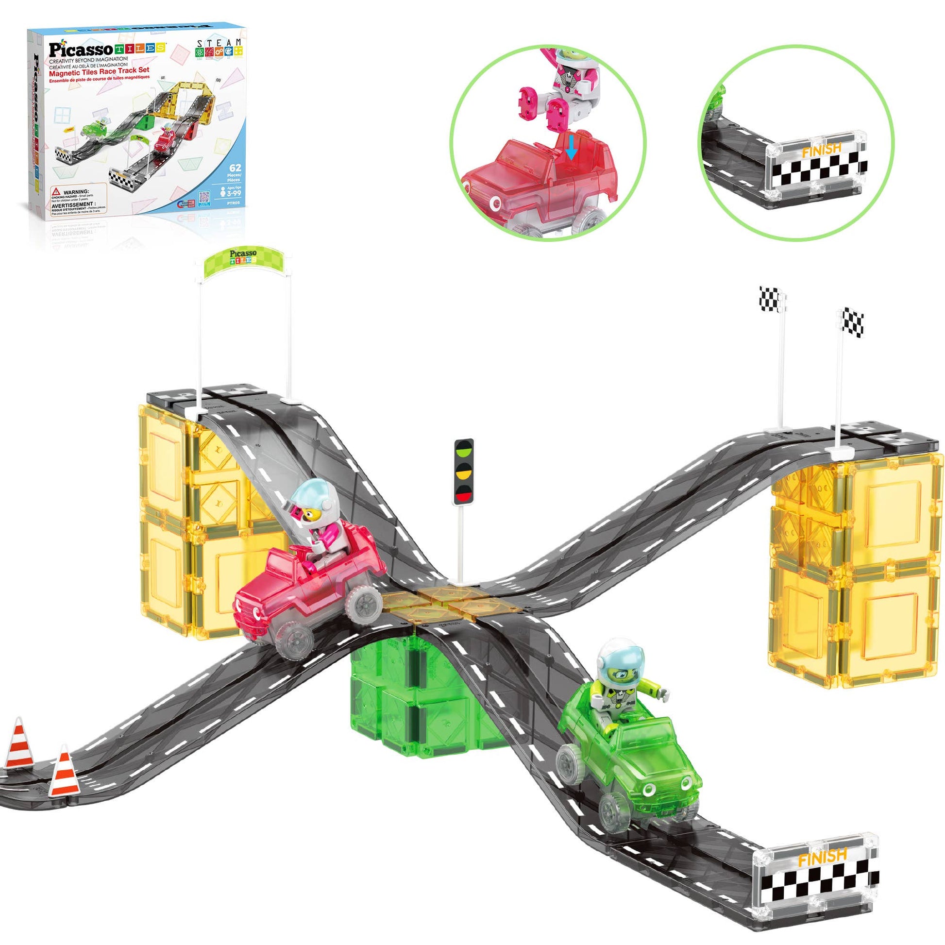 PicassoTiles PTR05 62-piece magnetic racing track set