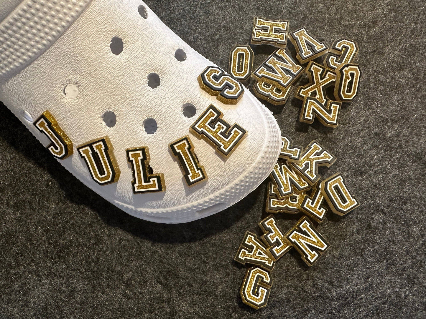 "Letter Drop" ✨ Gold Bling Alphabet Croc Charm — Letter W by JuliesDecal