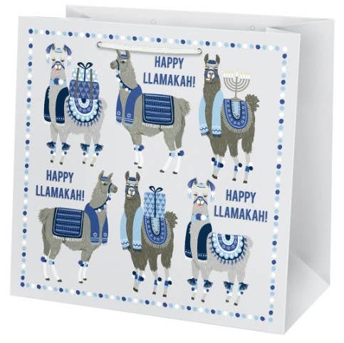 Large gift bag featuring quirky Hanukkah llamas, perfect for presenting gifts. Measures 13” x 12.5” x 7”, adding fun and festive charm to your Hanukkah celebrations.