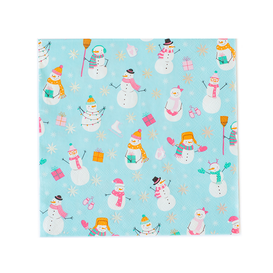 Blizzard Buddies winter lunch napkins with snowman and rose gold foil, pack of 16
