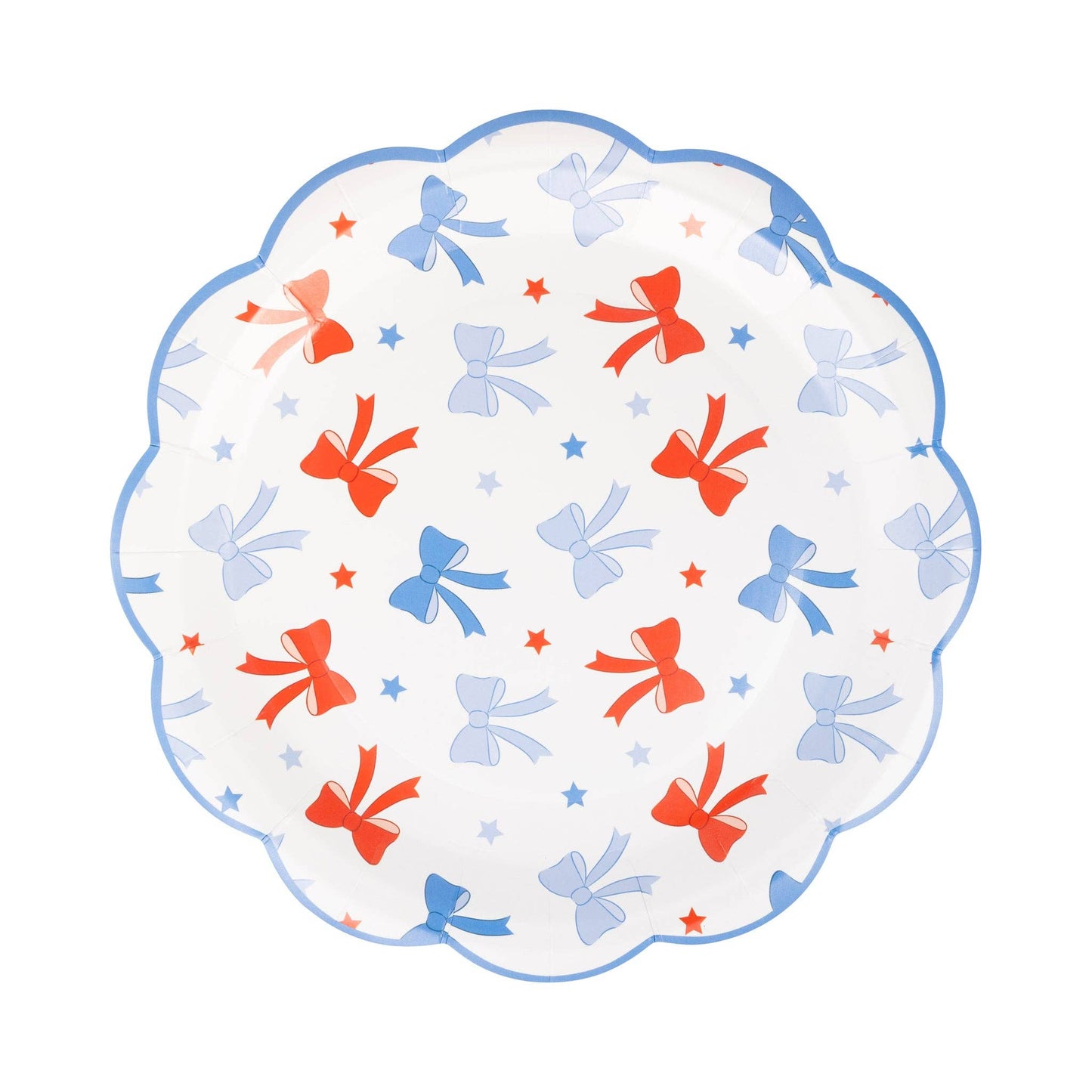 Patriotic Bows paper plates, 9” x 9”, set of 8, perfect for Fourth of July celebrations.
