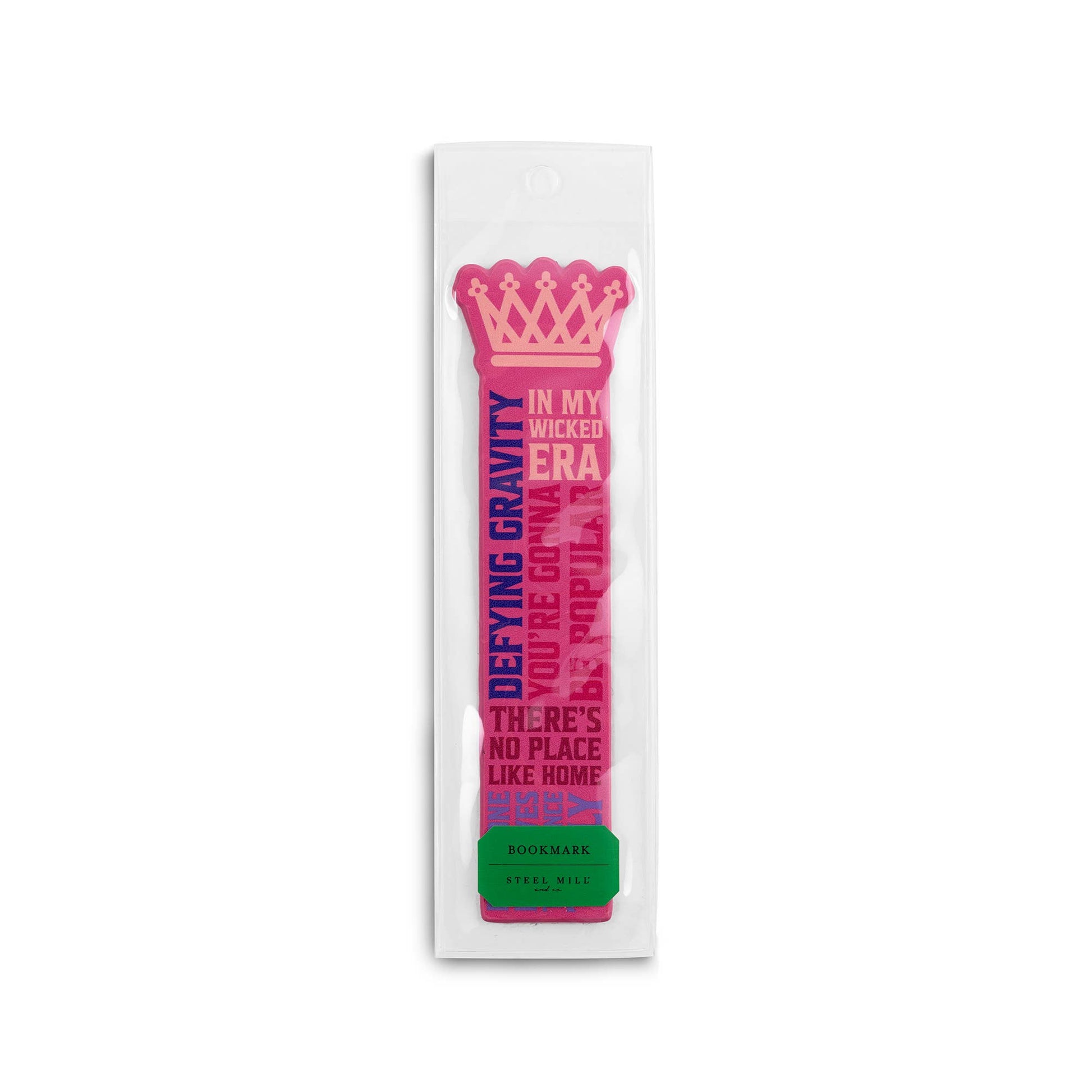 Pink leatherette bookmark with crown design, inspired by Wicked's good witch, perfect for enchanting readers.