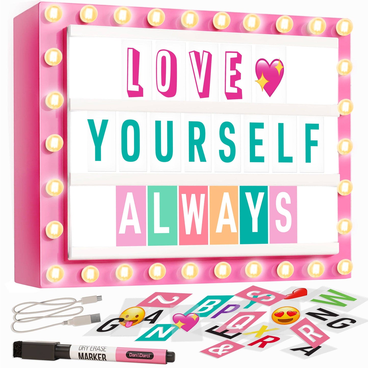 Rechargeable cinema light box with letters and emojis
