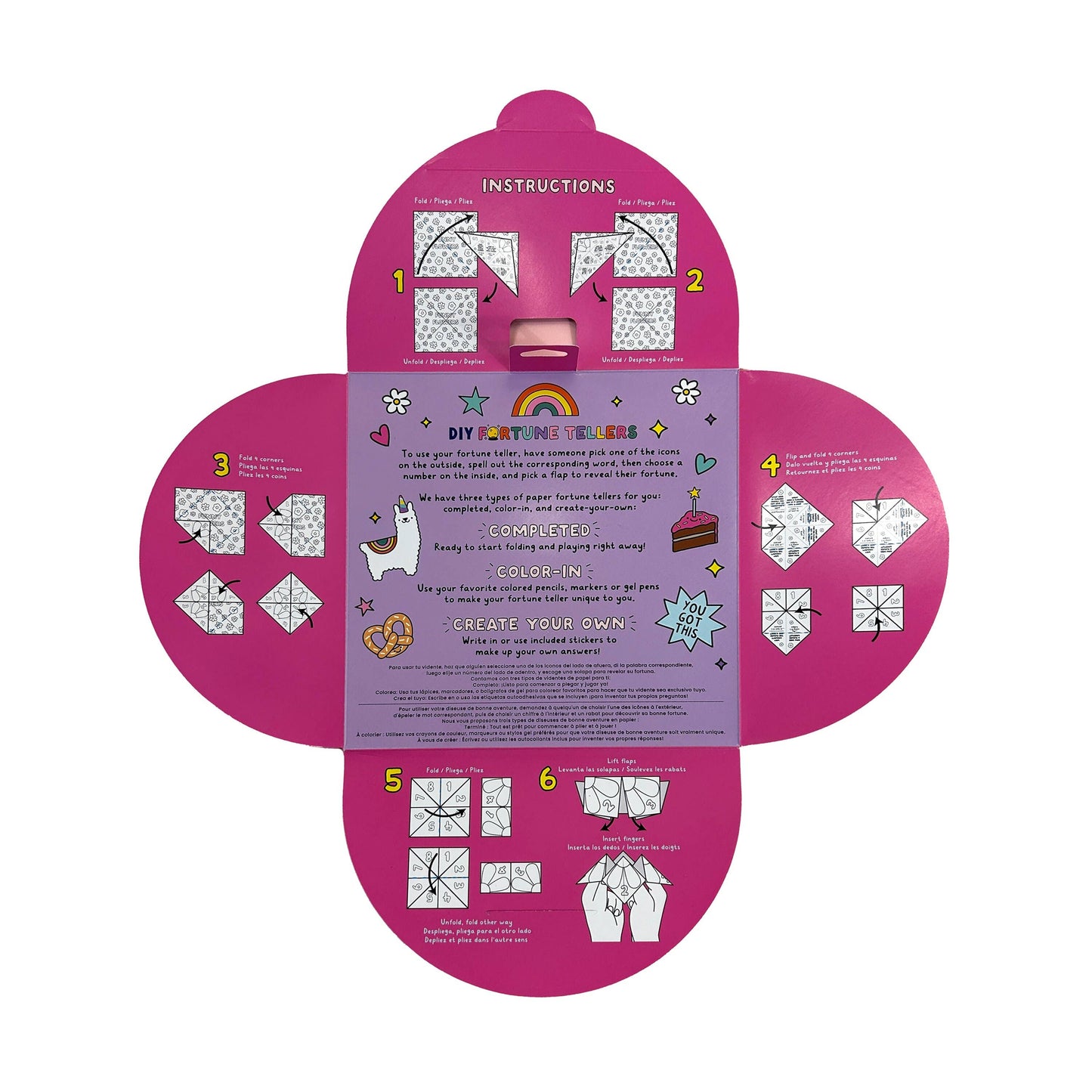 DIY Paper Fortune Teller Kit for Kids with 24 Foldable Sheets, Including Ready-to-Fold, Color-In, and Create-Your-Own Designs, Plus 2 Sticker Sheets for Customization, Perfect for Playdates and Sleepovers.