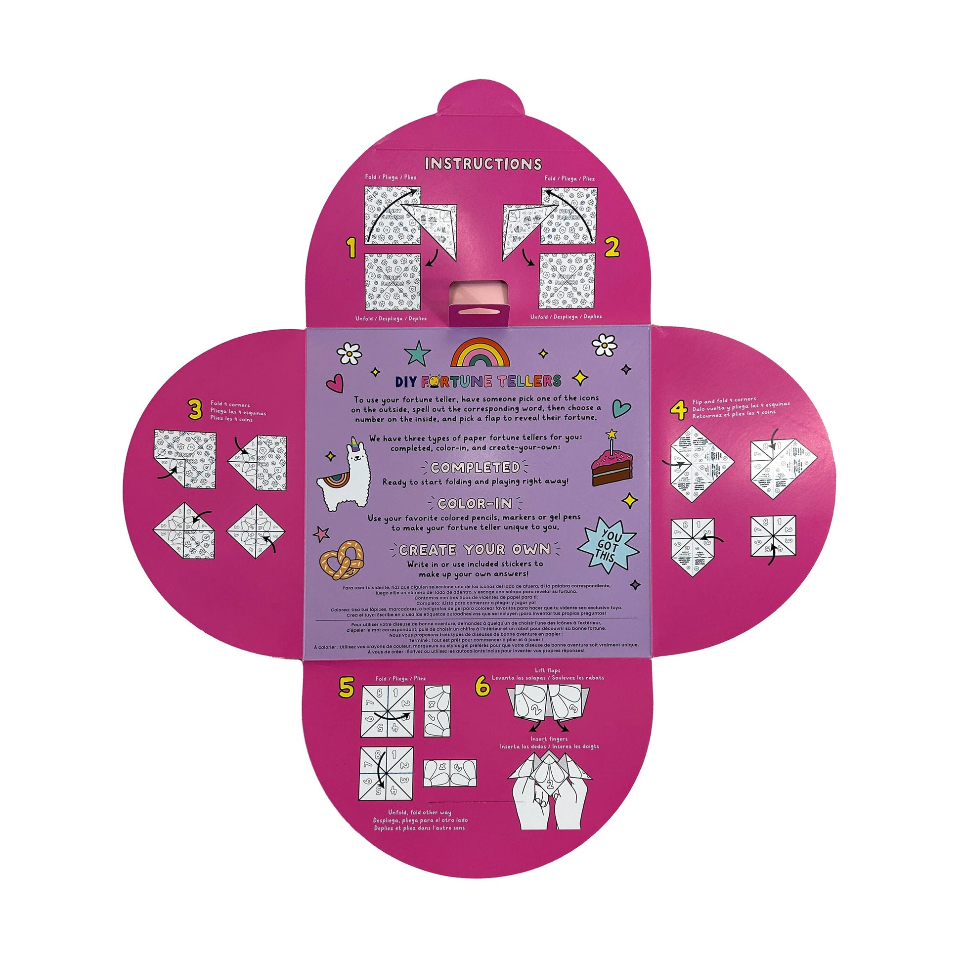 DIY Paper Fortune Teller Kit for Kids with 24 Foldable Sheets, Including Ready-to-Fold, Color-In, and Create-Your-Own Designs, Plus 2 Sticker Sheets for Customization, Perfect for Playdates and Sleepovers.