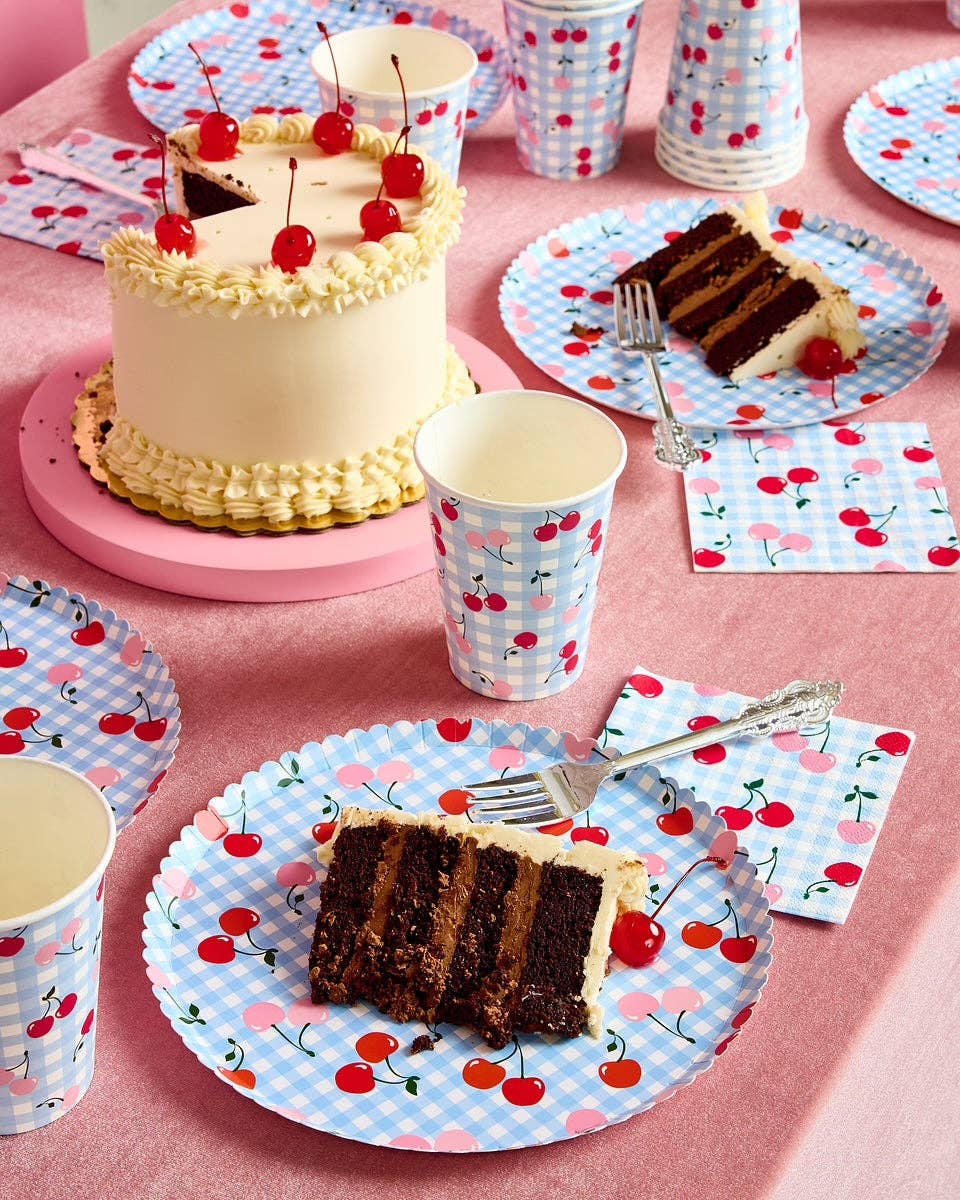 Cherry-themed tableware bundle with plates, cups, and napkins