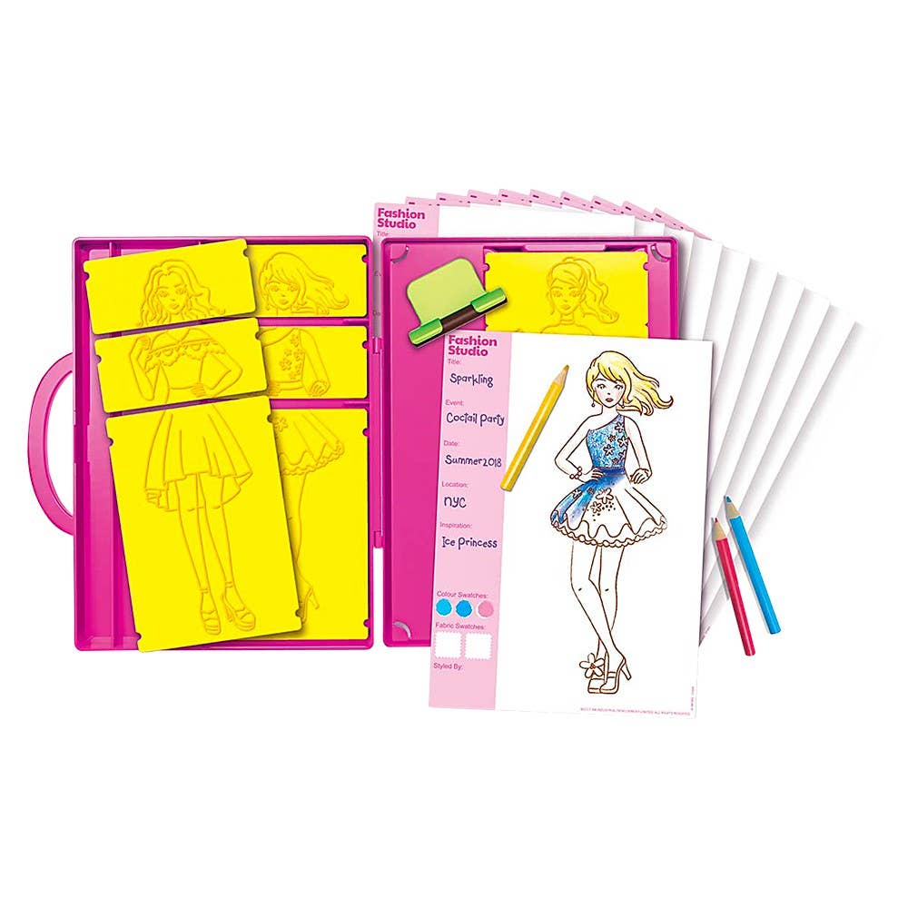 Kids fashion studio with stencils and crayons