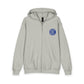 Youth Zip Hoodie with Blue Circular Logo — Kids Black Full‑Zip Hooded Sweatshirt