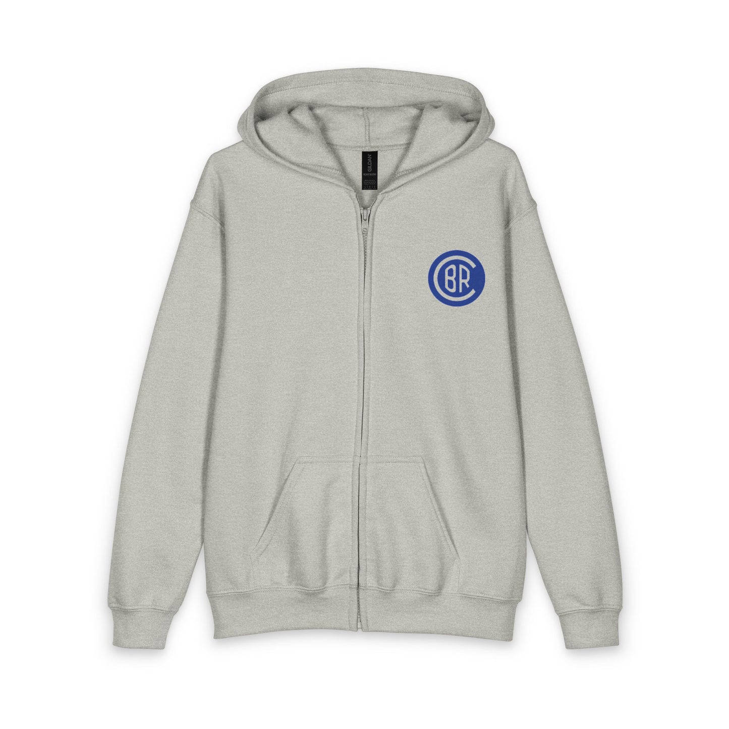 Youth Zip Hoodie with Blue Circular Logo — Kids Black Full‑Zip Hooded Sweatshirt