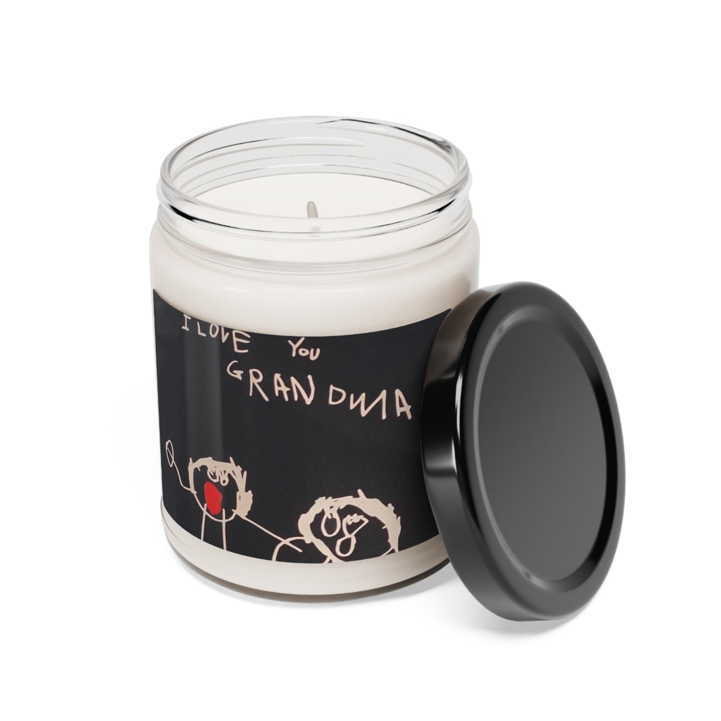 Customizable 9oz scented candle in a glass jar, made with 100% natural soy wax blend and featuring a 100% cotton wick. The candle includes a glossy permanent adhesive label for personalized artwork, available in various aromatic scents and has a burn time of 50-60 hours
