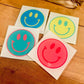 Set of 4 smiley face glass coasters 4”, durable, wipeable, and perfect for gifting.