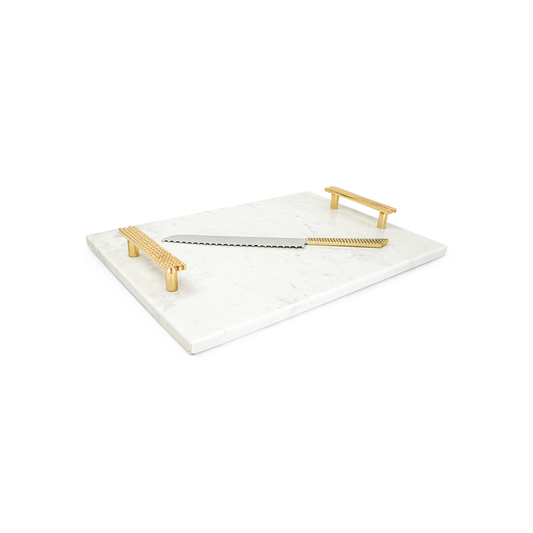 Elegant marble challah board with gold beaded handles & knife, 11"x16" Shabbat & holiday serving.