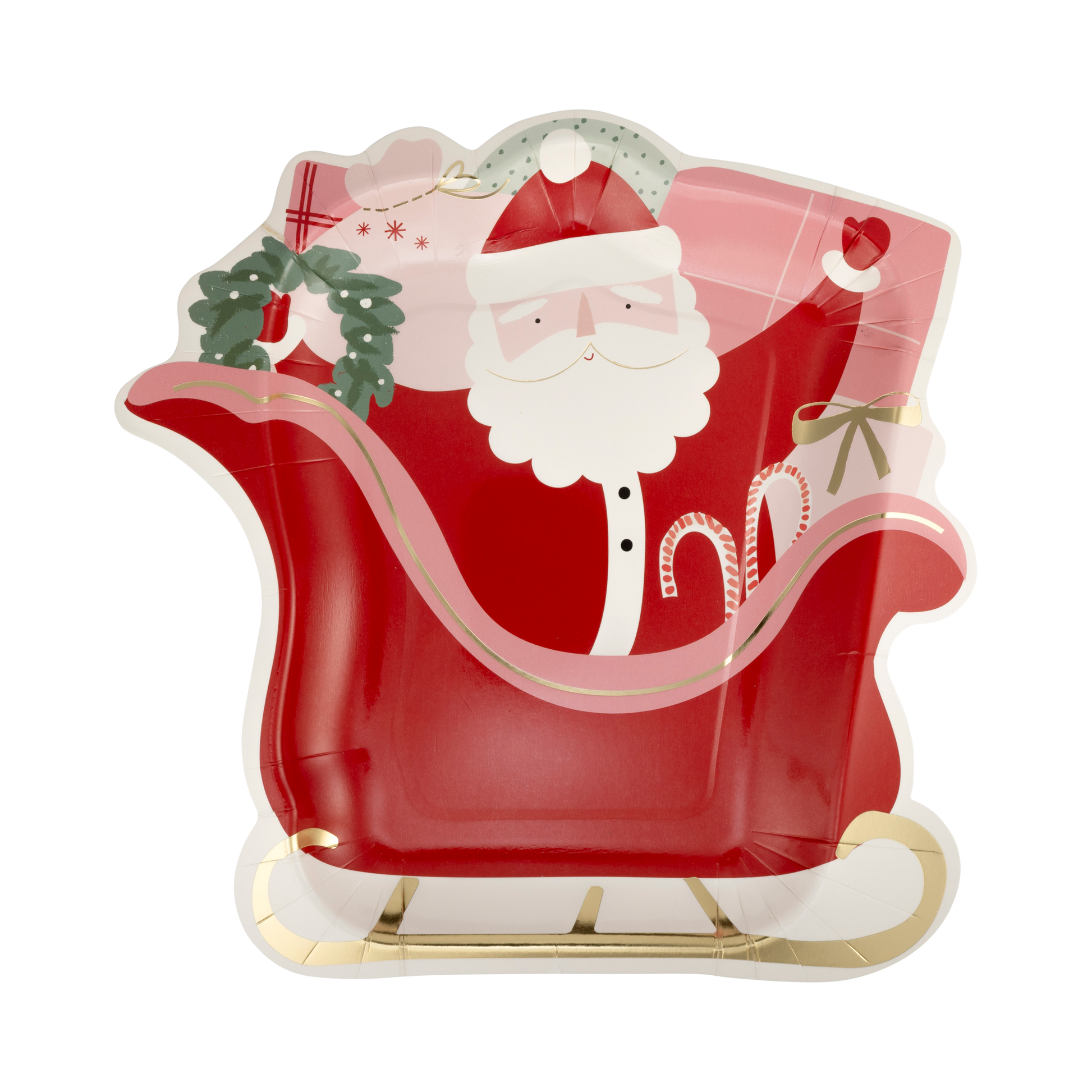A festive paper plate featuring Santa Claus in his sleigh, perfect for holiday gatherings and celebrations.