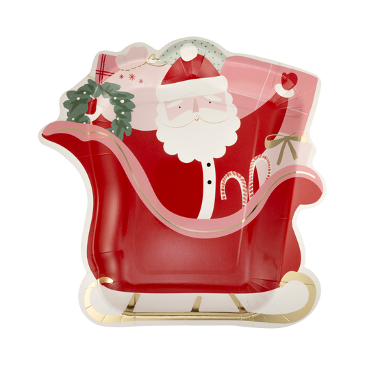 A festive paper plate featuring Santa Claus in his sleigh, perfect for holiday gatherings and celebrations.