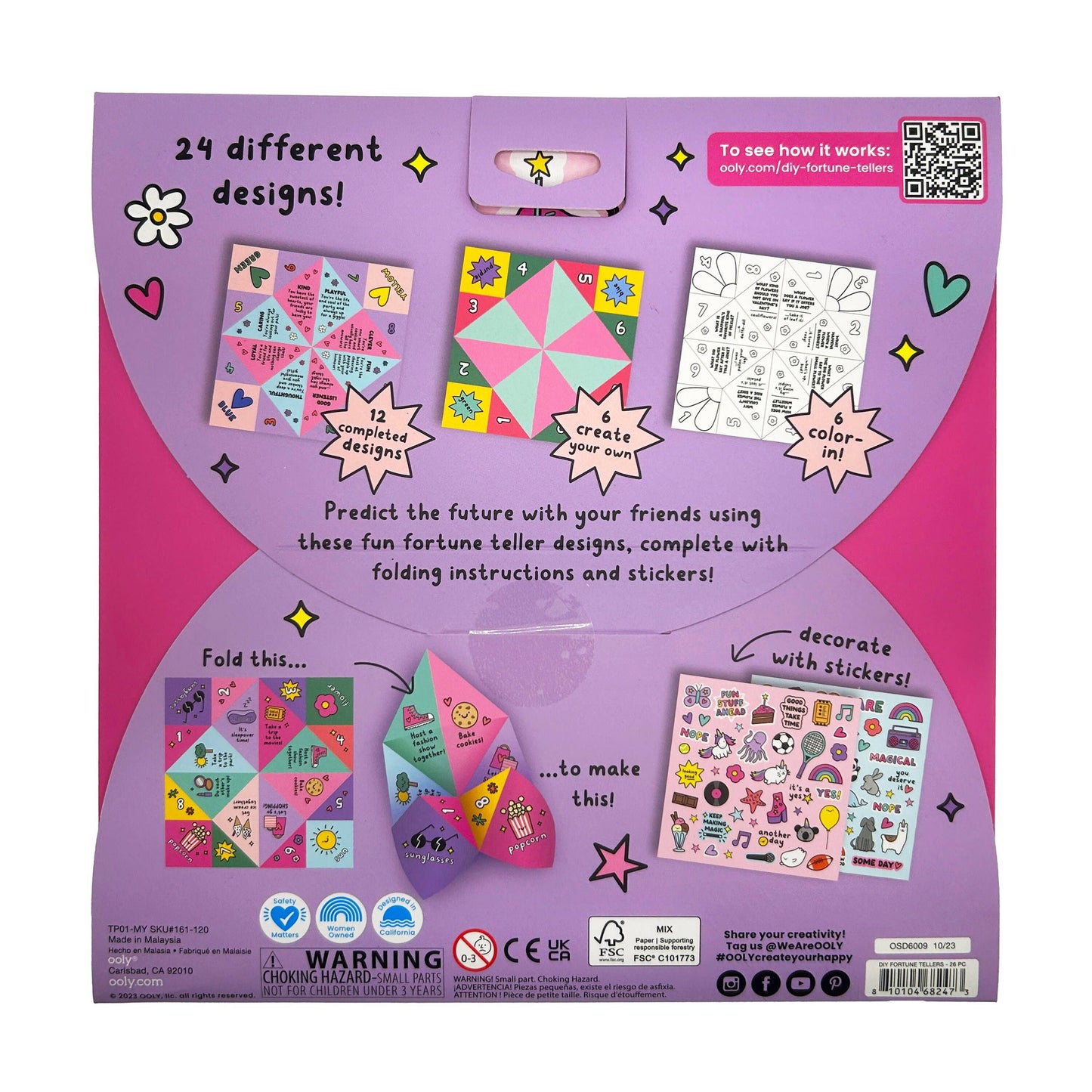 DIY Paper Fortune Teller Kit for Kids with 24 Foldable Sheets, Including Ready-to-Fold, Color-In, and Create-Your-Own Designs, Plus 2 Sticker Sheets for Customization, Perfect for Playdates and Sleepovers.