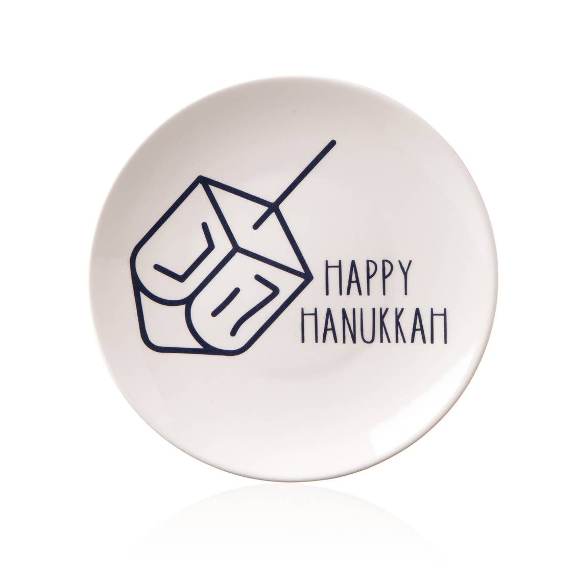 Set of 4 Hanukkah-themed porcelain plates featuring a 'Happy Hanukkah' message and dreidel designs. Plates are decorated with playful blue dreidels and Hebrew letters, adding festive charm to your holiday table settings.